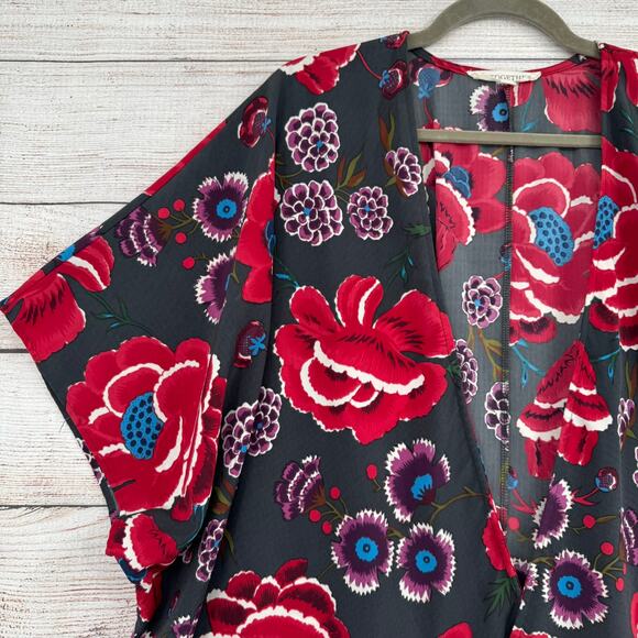 By Together Floral Open Front Kimono Top Womens Medium Gray Red Purple - Picture 3 of 10